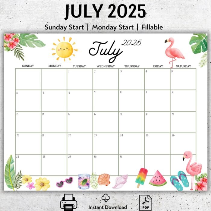 July 2025 Summer Flamingo Calendar PDF