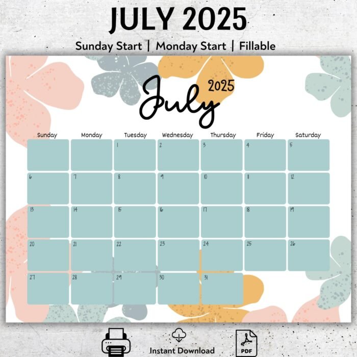 Boho Editable July 2025 Calendar PDF