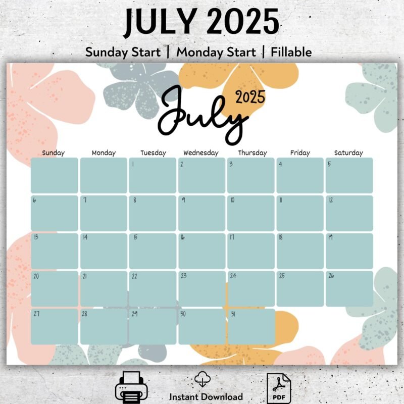 Boho Editable July 2025 Calendar PDF