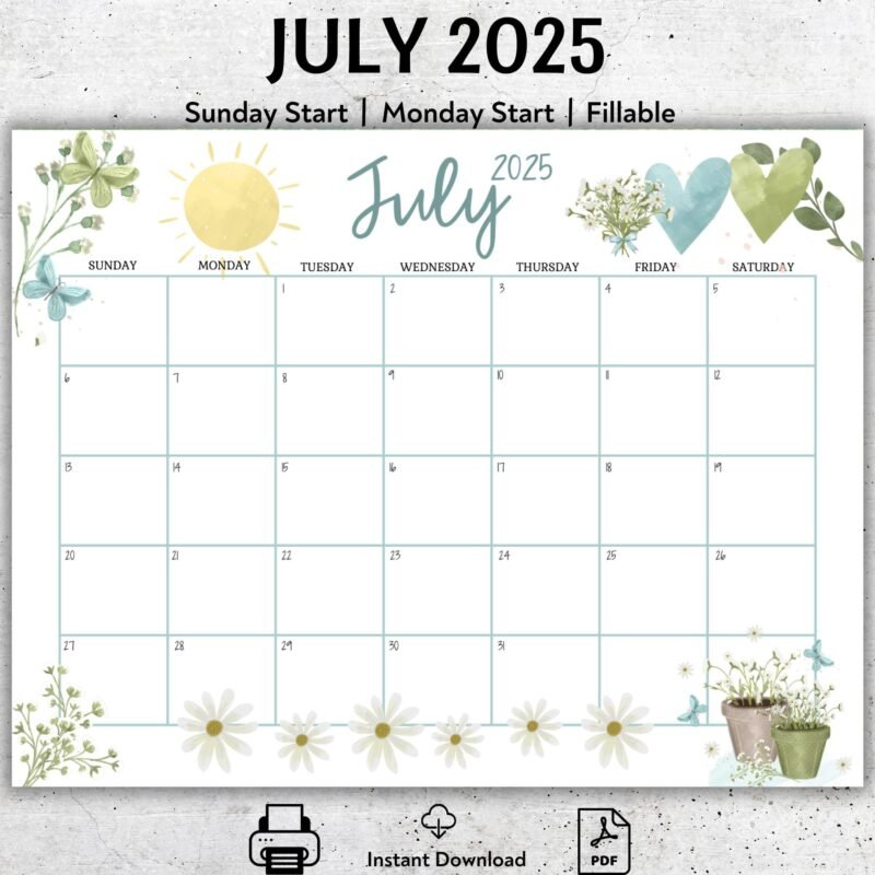 July 2025 Daisies Calendar