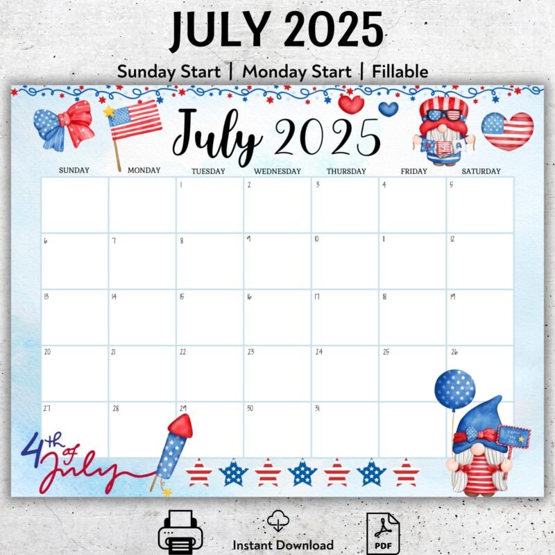 4th of July 2025 Gnome Calendar Printable