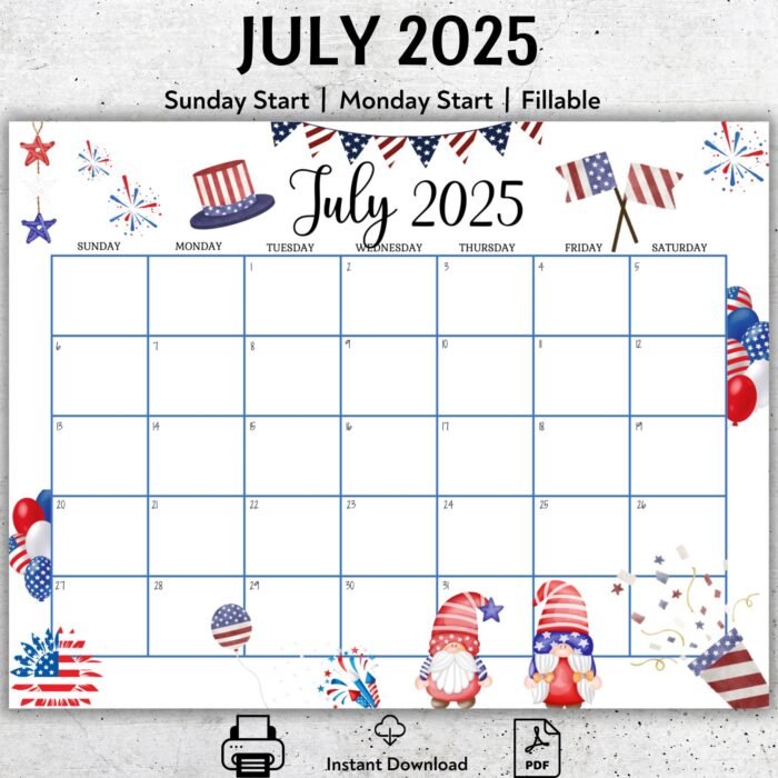 July 2025 Editable Patriotic Calendar