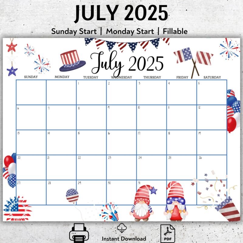 July 2025 Editable Patriotic Calendar