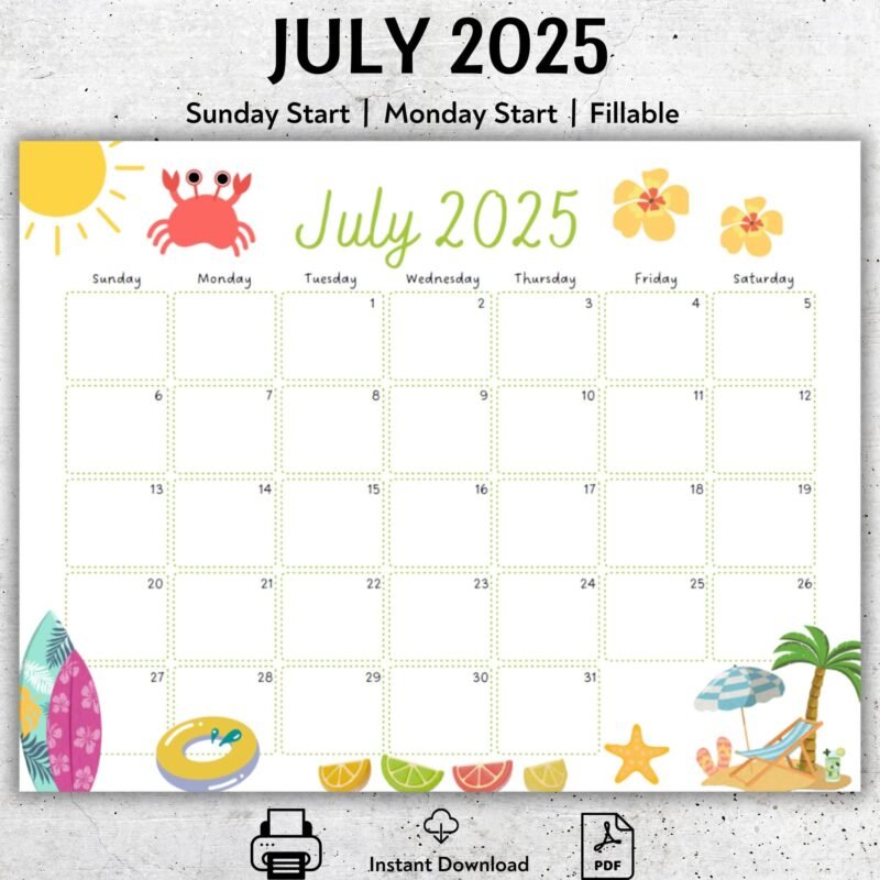 July 2025 Beach Vibes Calendar Printable