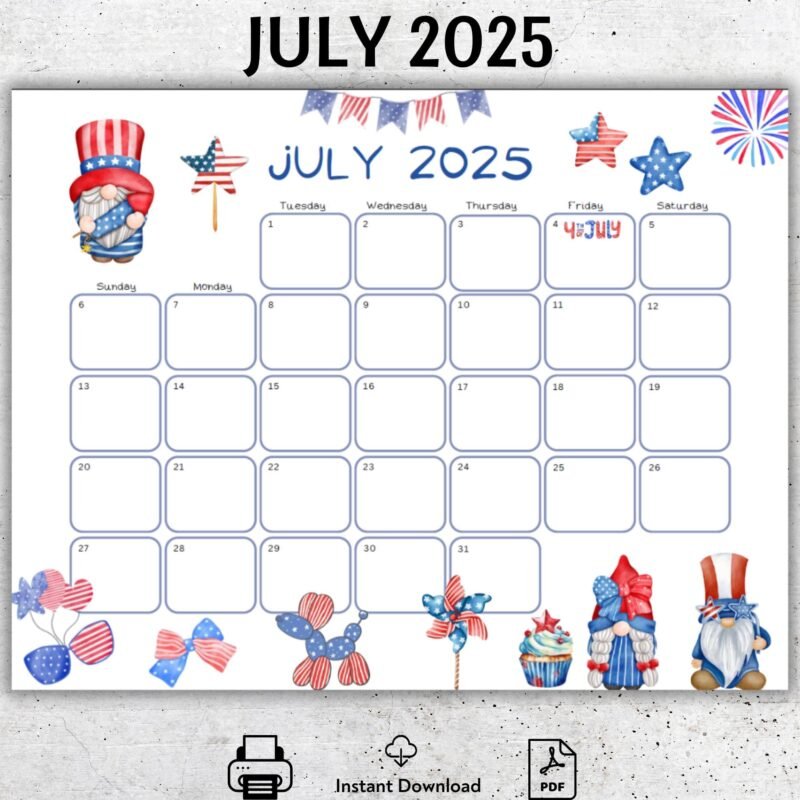 July 2025 4th of July Gnome Calendar PDF