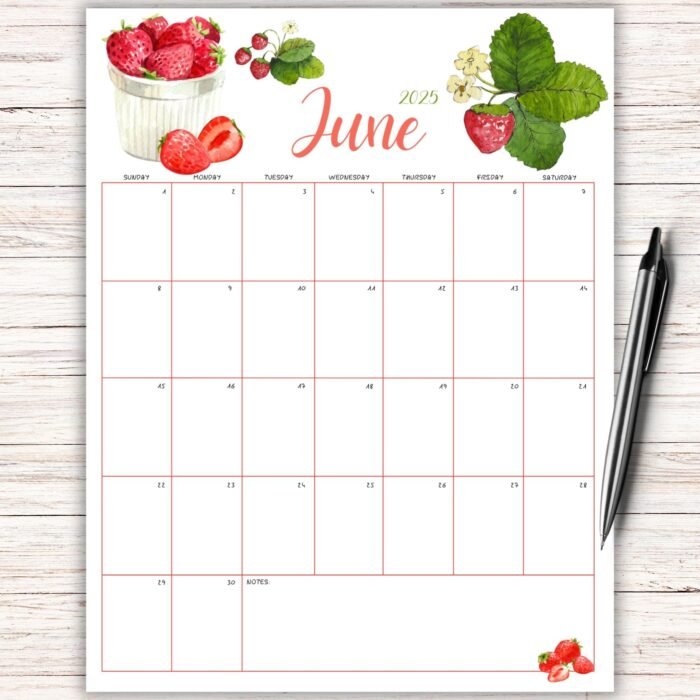 June 2025 Strawberry Printable Calendar
