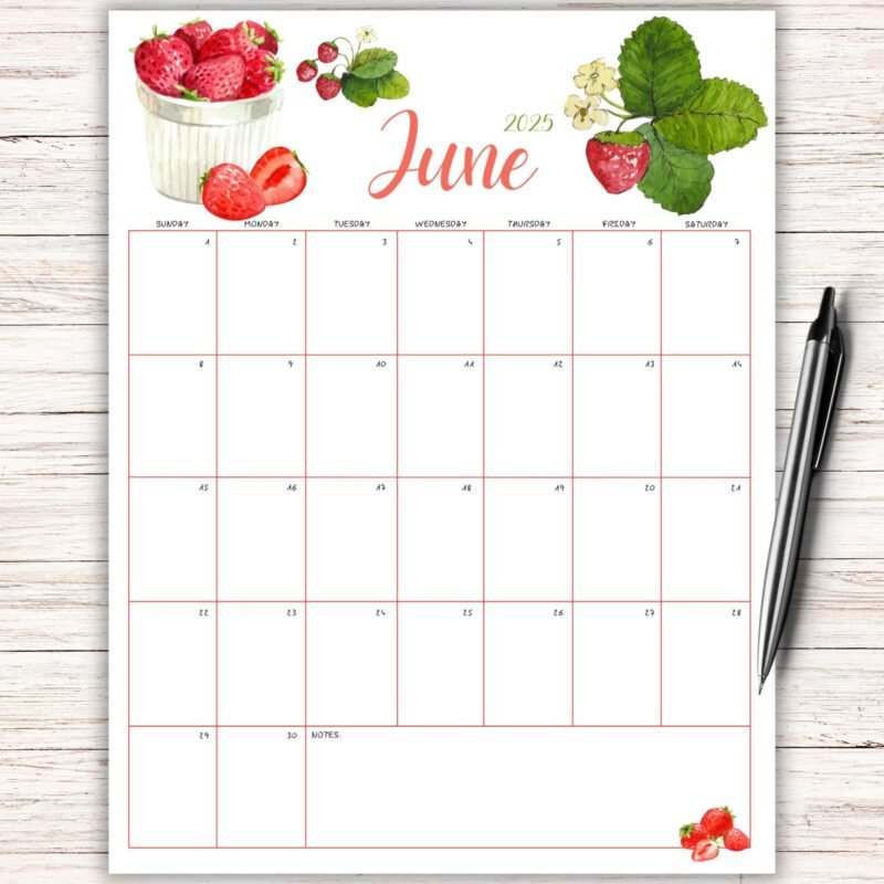 June 2025 Strawberry Printable Calendar