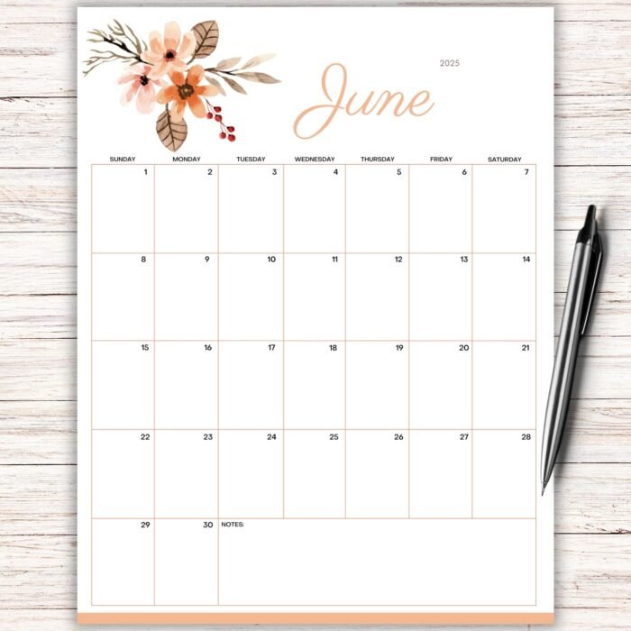 June 2025 Neutral Floral Printable Calendar