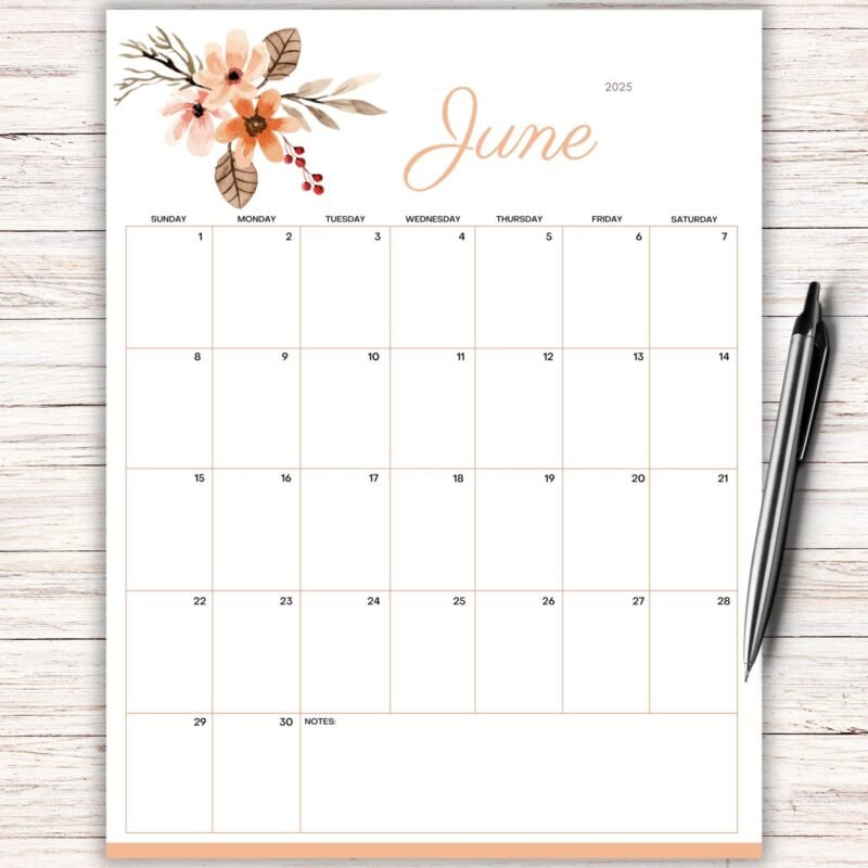 June 2025 Neutral Floral Printable Calendar