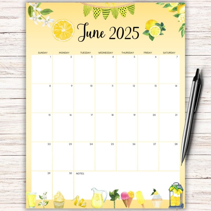 June 2025 Lemon Dessert Printable Calendar