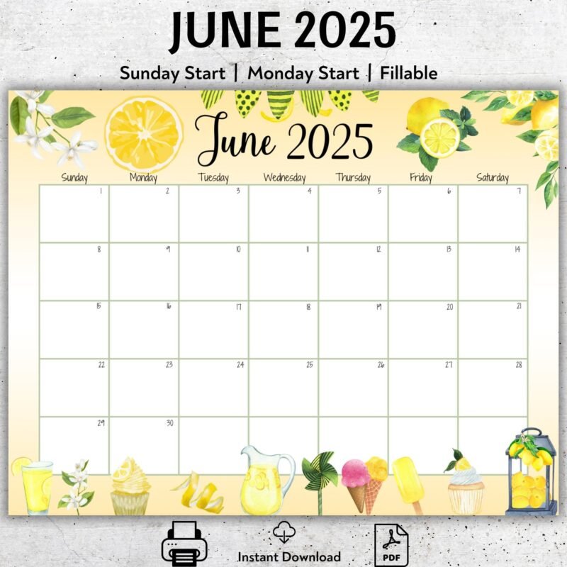 June 2025 Lemon Printable Calendar