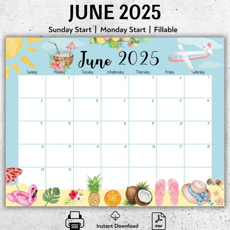 Summer Theme June 2025 Printable Calendar