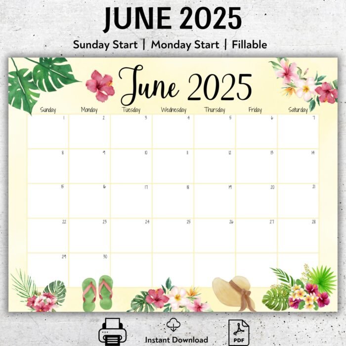 June 2025 Floral Printable Calendar