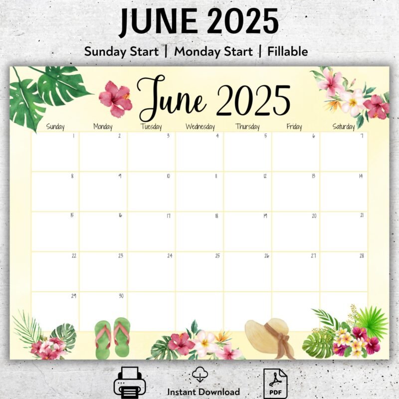 June 2025 Floral Printable Calendar