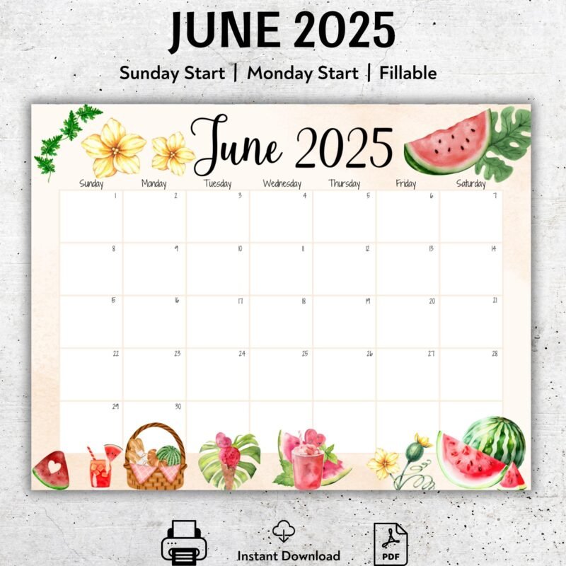 June 2025 Watermelon Calendar