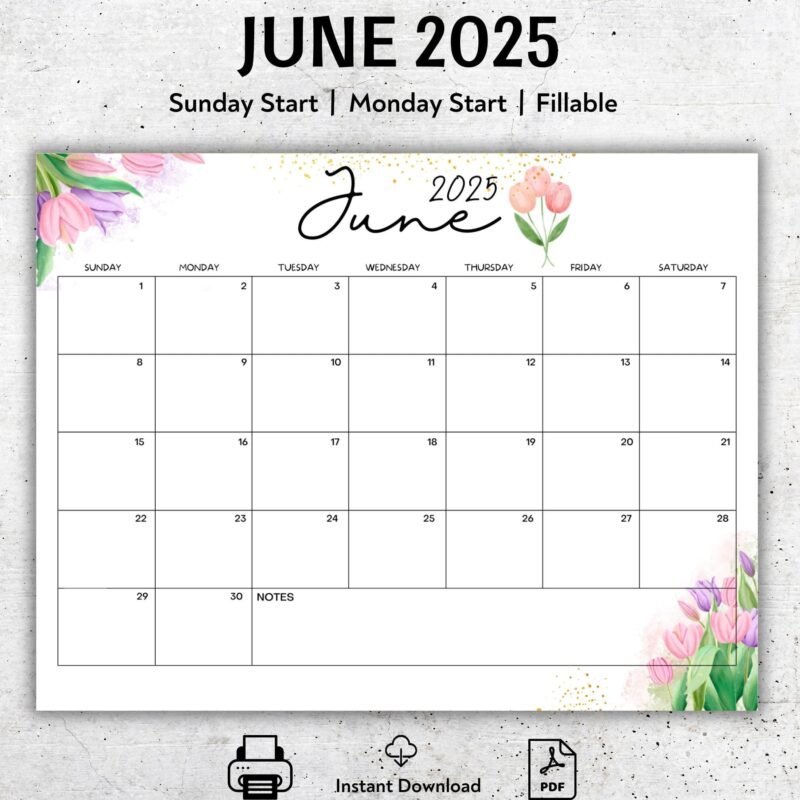 June 2025 Tulip Floral Printable Calendar