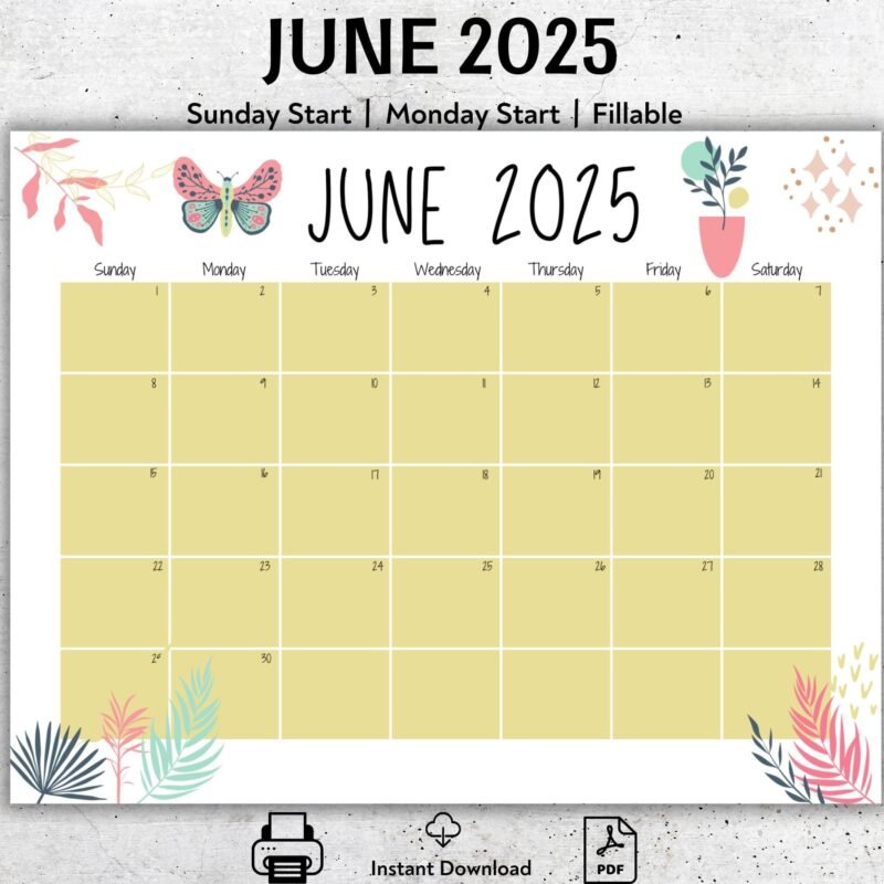 June 2025 Modern Boho Printable Calendar