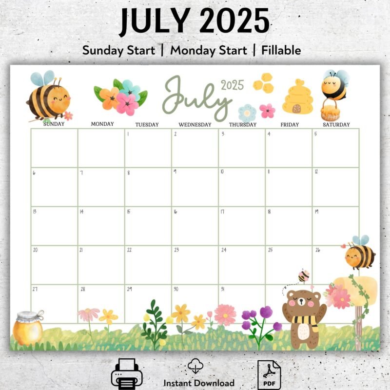 July 2025 Bee Themed Calendar Printable