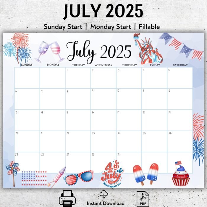 4th of July Editable Calendar 2025
