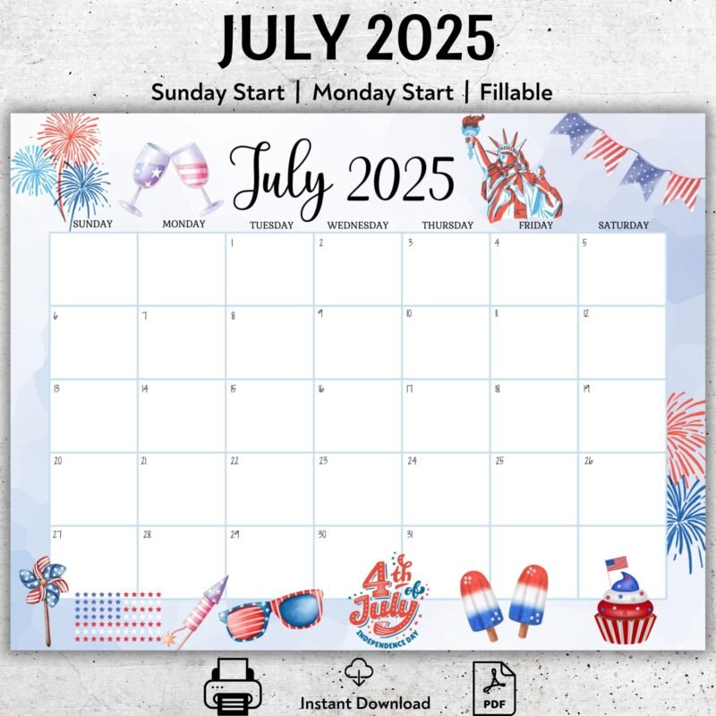 4th of July Editable Calendar 2025