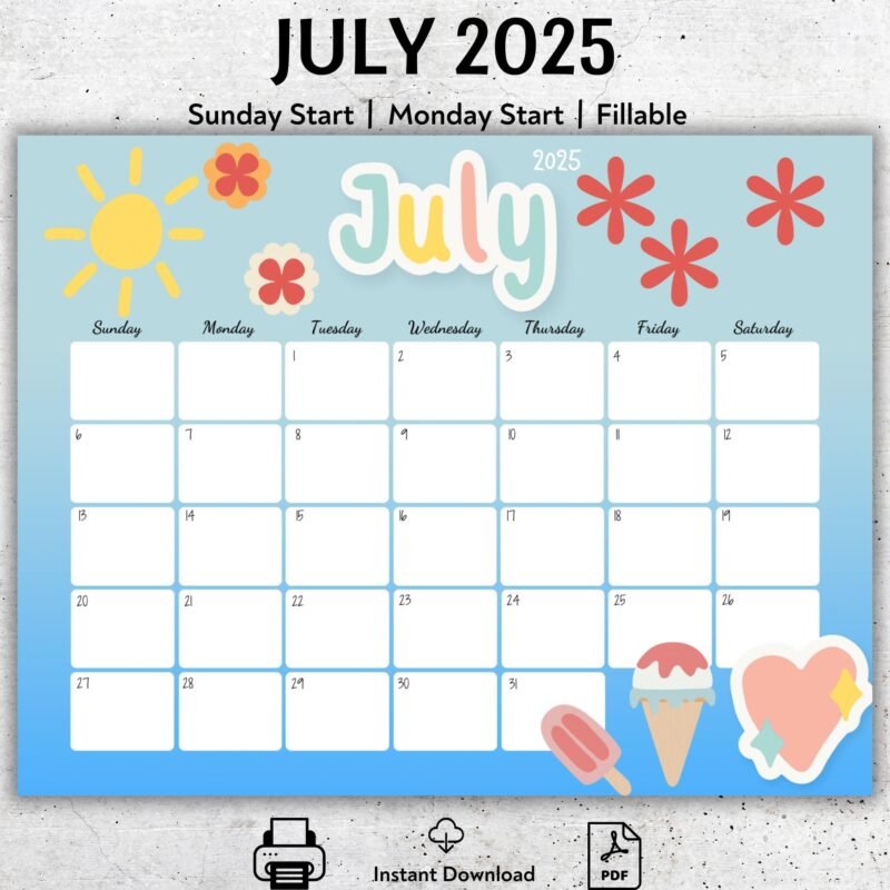 July 2025 Cute Summer Calendar