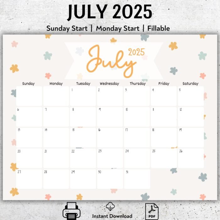 July 2025 Pastel Calendar Printable