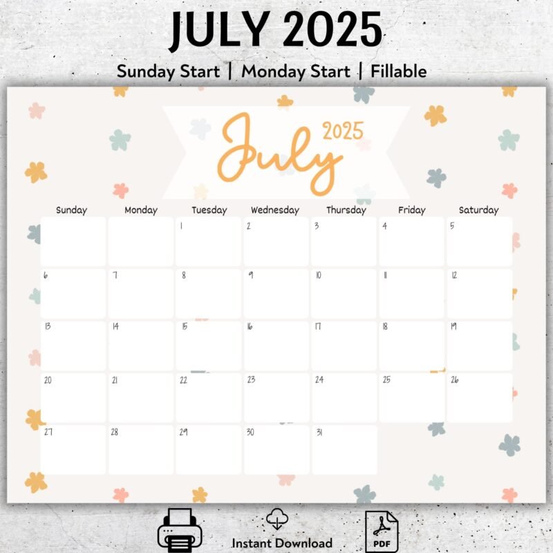 July 2025 Pastel Calendar Printable