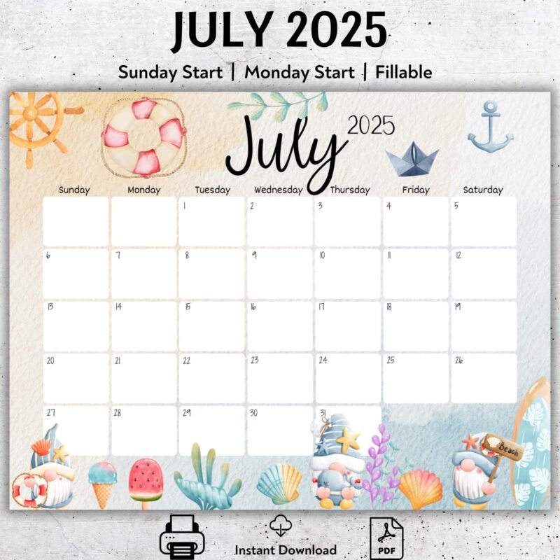 July 2025 Beach Theme Calendar Printable