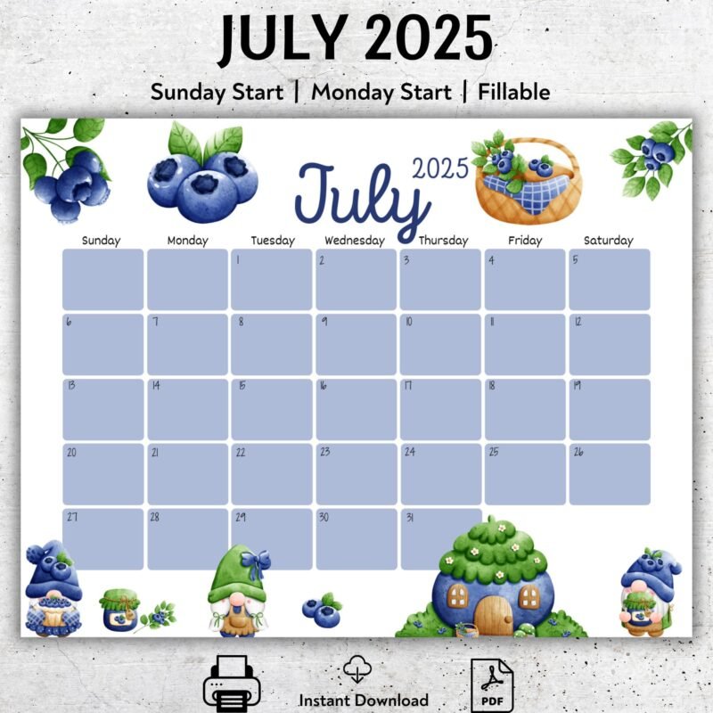 July 2025 Blueberry Calendar Printable