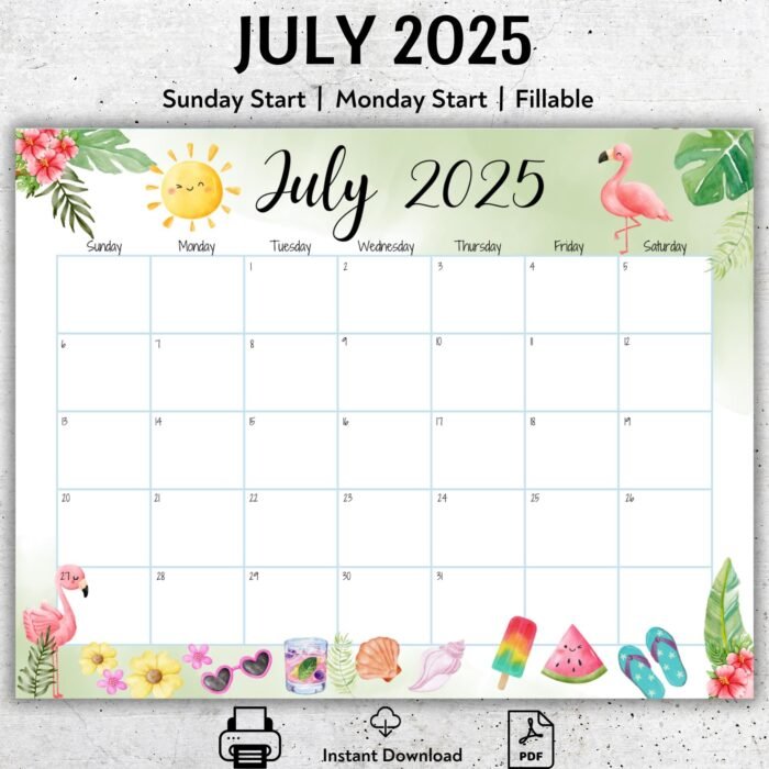 July 2025 Tropical Printable Calendar