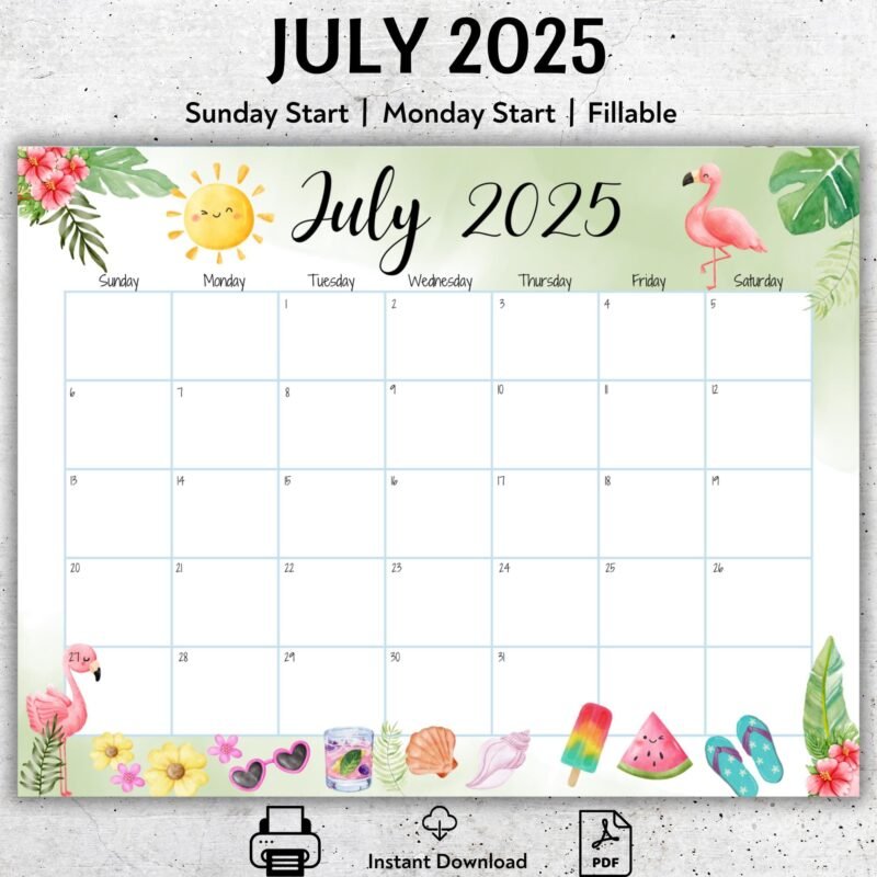 July 2025 Tropical Printable Calendar