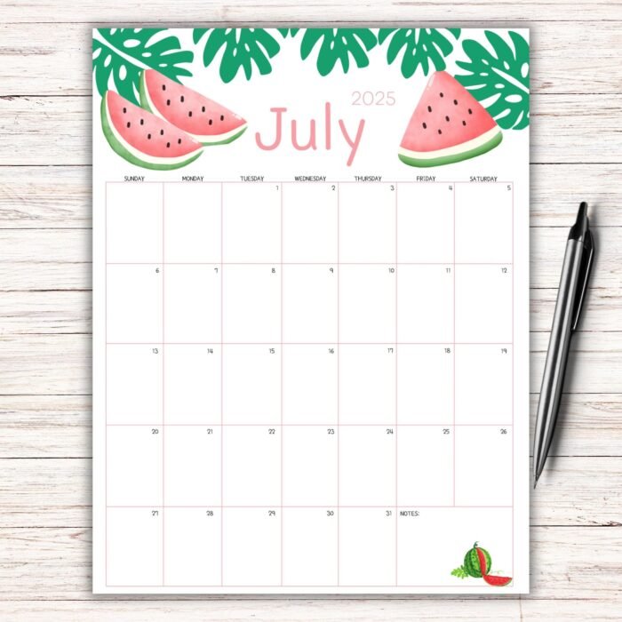 Watermelon July 2025 Printable Calendar
