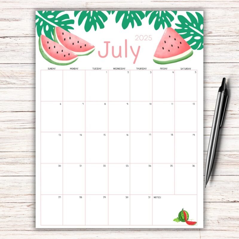 Watermelon July 2025 Printable Calendar