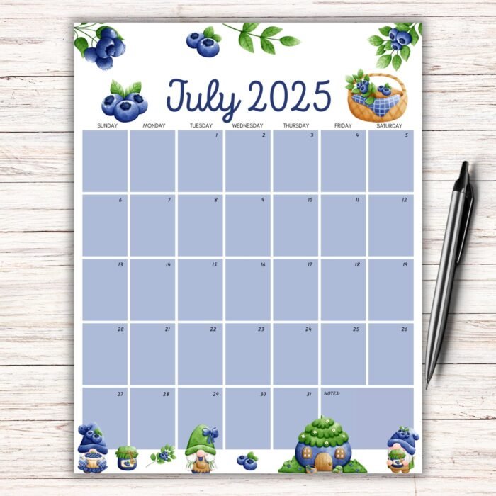 Blueberry Gnome July 2025 Printable Calendar , gnome July calendar, cute summer printable, July 2025 kids calendar, whimsical calendar PDF, blueberry gnome printable, summer themed calendar, US Letter calendar, fillable July 2025, printable gnome planner, instant download calendar