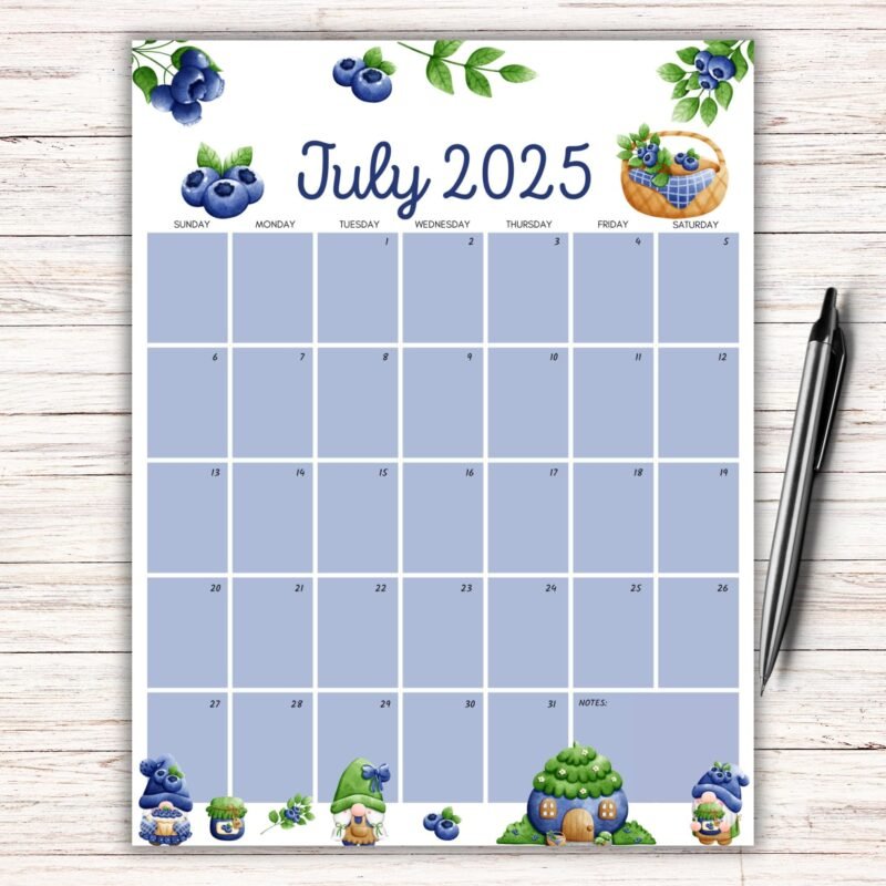 Blueberry Gnome July 2025 Printable Calendar , gnome July calendar, cute summer printable, July 2025 kids calendar, whimsical calendar PDF, blueberry gnome printable, summer themed calendar, US Letter calendar, fillable July 2025, printable gnome planner, instant download calendar