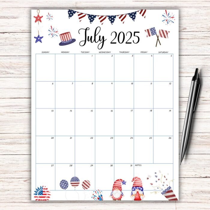 July 2025 Patriotic Printable Calendar