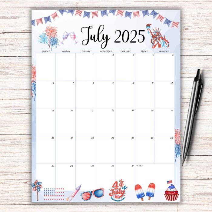 4th of July 2025 Printable Calendar