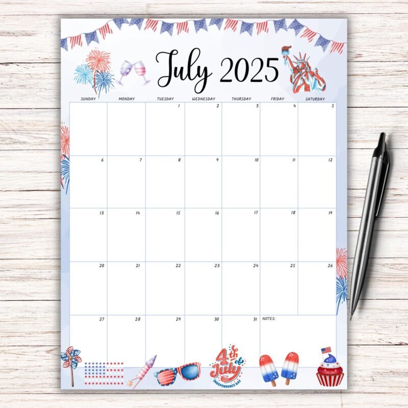 4th of July 2025 Printable Calendar