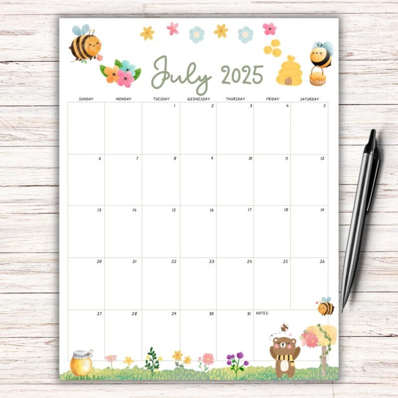 Bee July 2025 Printable Calendar