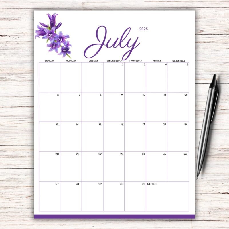 July 2025 Purple Floral Printable Calendar