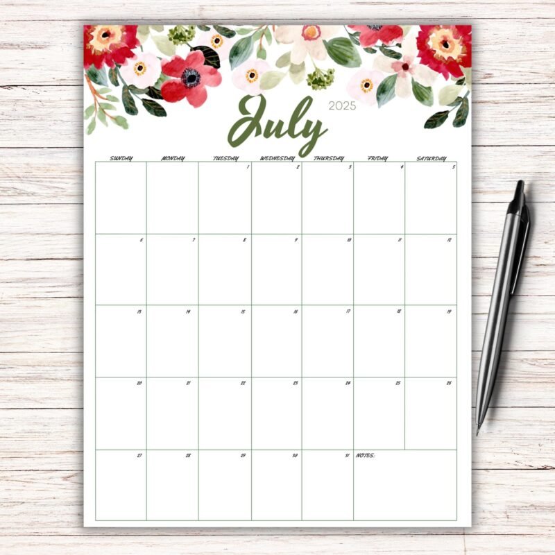 Floral July 2025 Printable Calendar