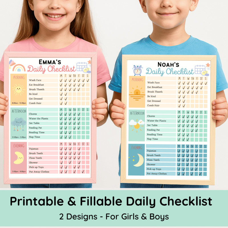 Kids Daily Checklist Printable - Kids holding Printable Daily Routine Charts â€“ girl and boy version of Kids Daily Checklist Printable with morning, afternoon, and evening tasks.