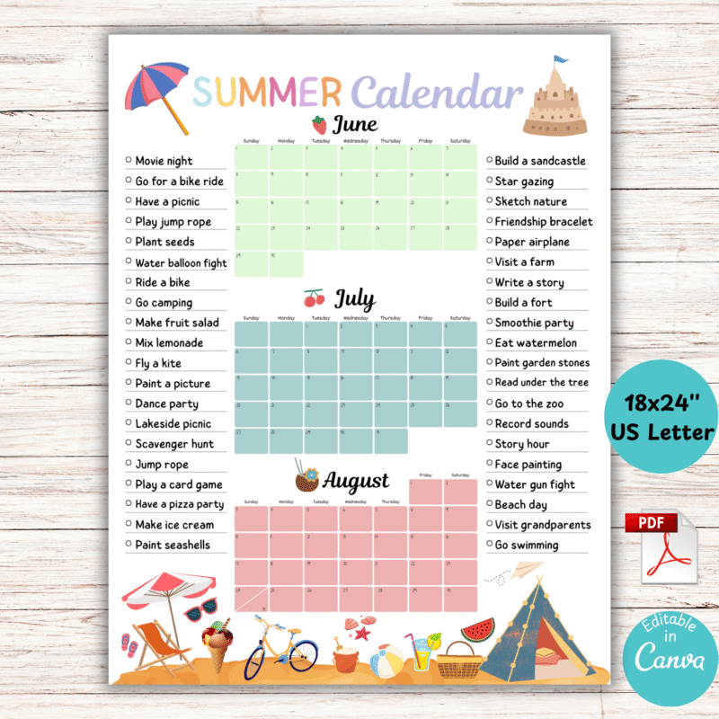 Summer Activity Calendar for Kids