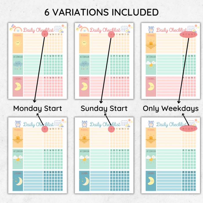 Printable Daily Checklist for Kids in 6 Variations â€“ Monday start, Sunday start, and weekdays-only options in girl and boy designs.