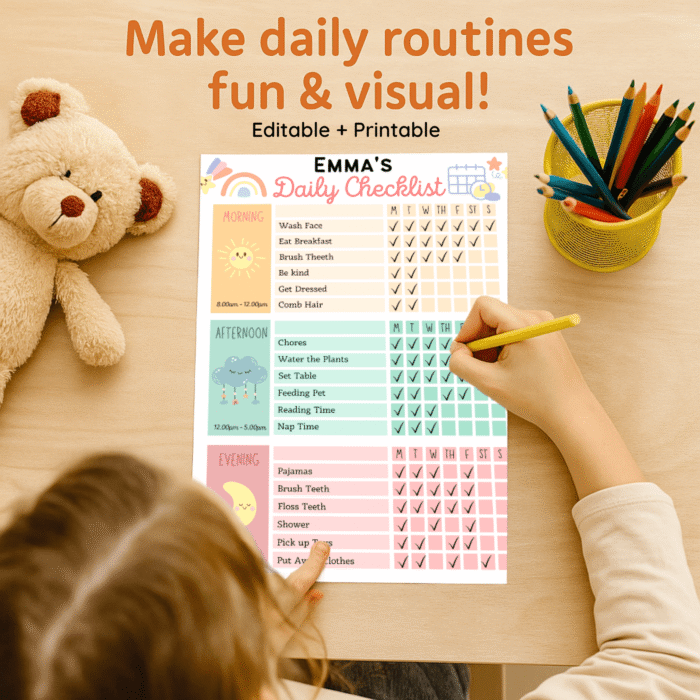 Child filling out personalized daily routine checklist â€“ fun and editable PDF printable for organizing kidsâ€™ daily activities.