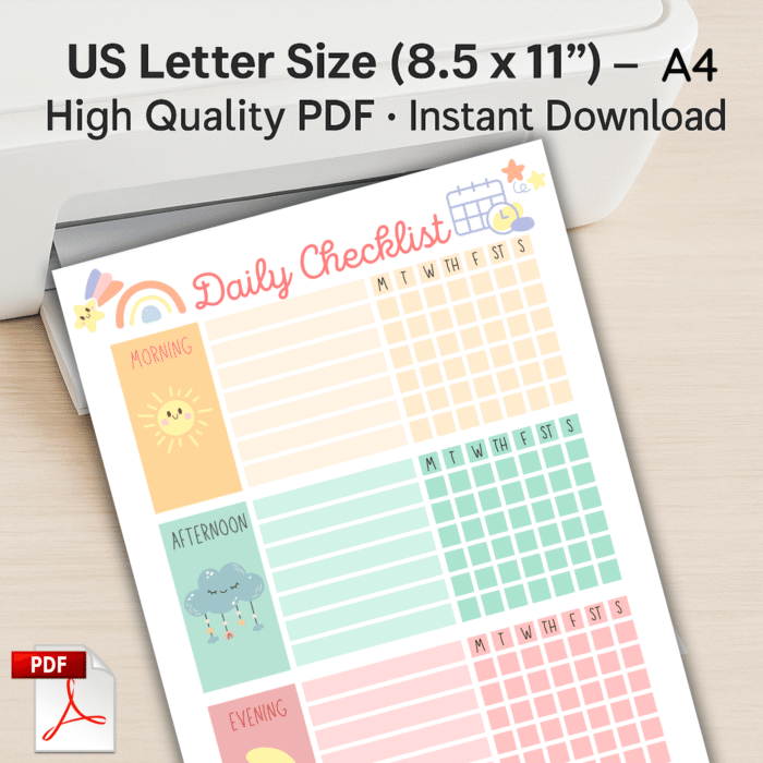 US Letter and A4 sizes Kids Daily Checklist Printable â€“ fillable and high-quality PDF format, perfect for printing at home.