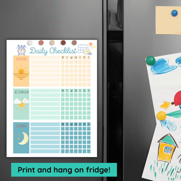 Colorful kids routine chart printed and displayed on refrigerator â€“ editable daily planner for childrenâ€™s schedules.