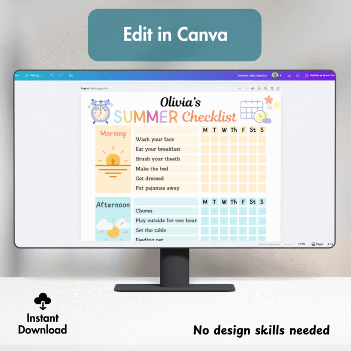 Editable Summer Checklist for Kids ? Morning, Afternoon & Evening Routine | A4 & US Letter PDF - Image 5