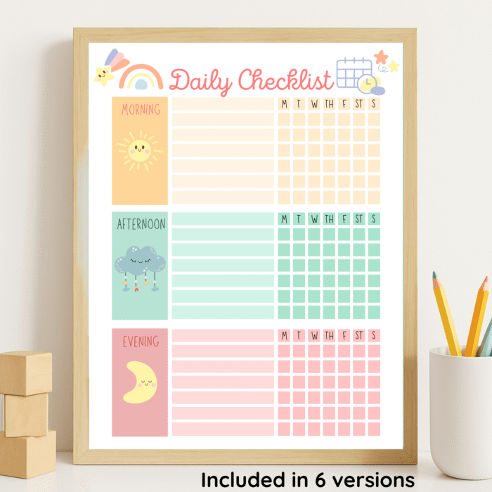 Blank version of daily checklist for kids â€“ includes morning, afternoon, and evening sections in cute pastel design.