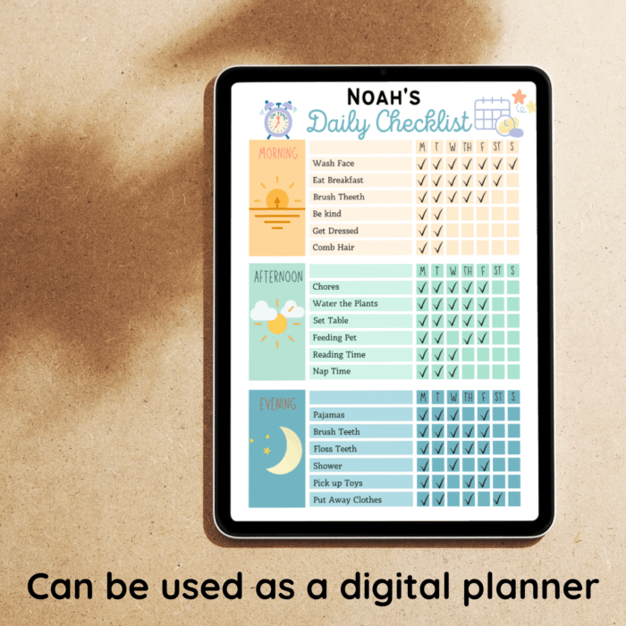 Digital tablet version of Noah's daily checklist â€“ printable and fillable planner for boys' daily routines.